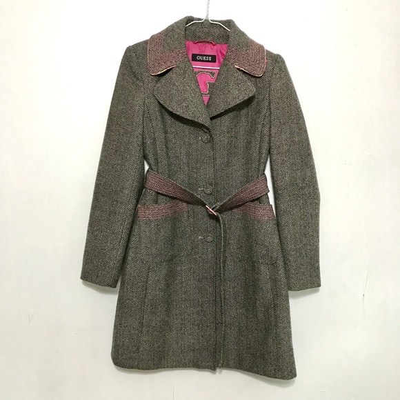 Guess Jackets & Blazers - Guess Brown Herringbone Winter Dress Trench Coat